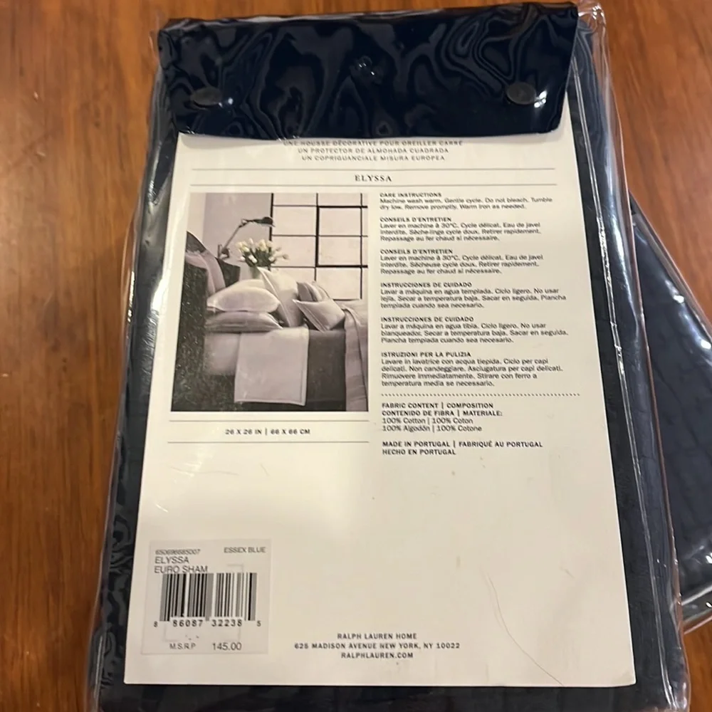 Ralph Lauren 2x Elyssa Euro European pillow Sham Essex Blue quilted new 26”x26”